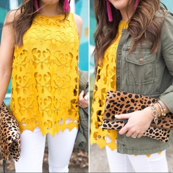 LOFT lacy laser cut cami top in marigold Sleeveless Tank Top Cut Out Design Sz S - Picture 11 of 12